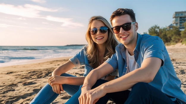 Una pareja de jóvenes con gafas de sol sentados en la playa sonriendo y mirando a la cámara