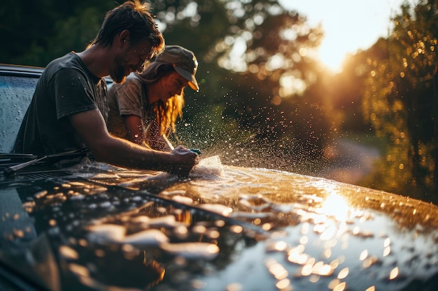 Foto una pareja de jóvenes lavando un coche en una entrada