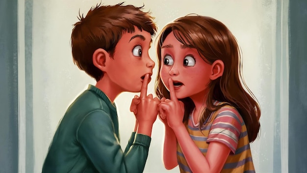 Una pareja de jóvenes sorprendidos hacen un signo de silencio, se paran cerca el uno del otro, mantienen los dedos índice en los labios.