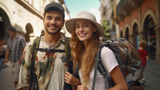 Foto pareja de jóvenes turistas con equipo