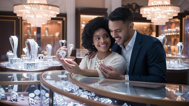 Foto una pareja en una joyería eligiendo un anillo juntos