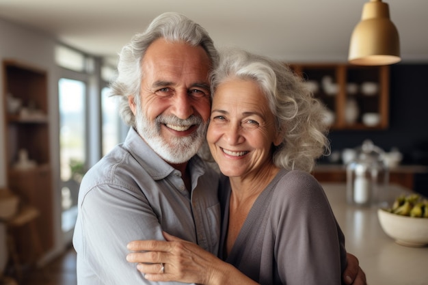 Una pareja jubilada abrazándose con una sonrisa generada en el interior