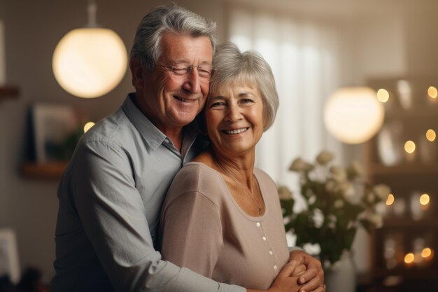 Foto pareja de jubilados abrazándose con una sonrisa en el interior generada por ai