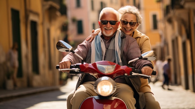 Pareja de jubilados en scooter en italia