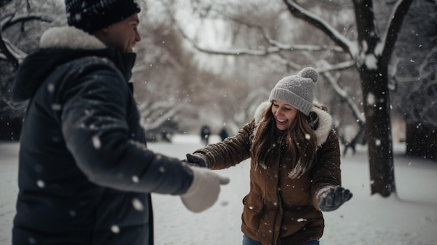 pareja jugando en la nieve