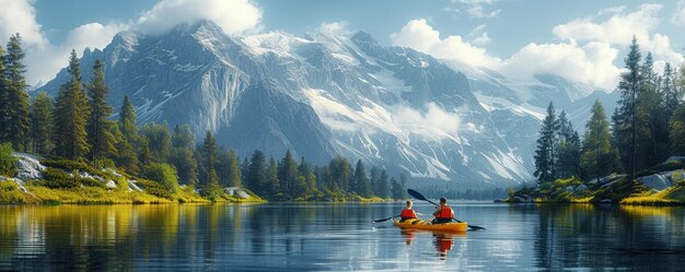 Una pareja de kayakistas en un fondo sereno de la montaña