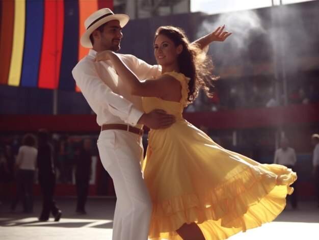 Una pareja latina bailando cumbia en el escenario.