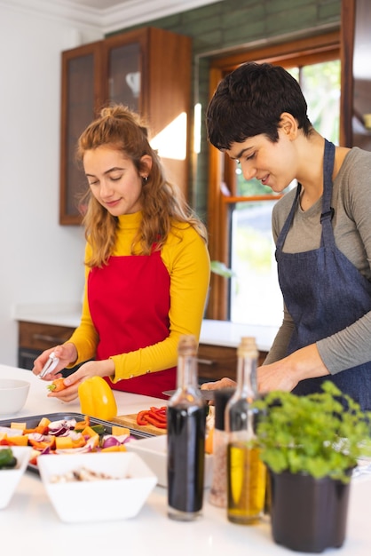 Foto una pareja lesbiana biracial enfocada pelando y cortando verduras en el espacio de copia de la cocina