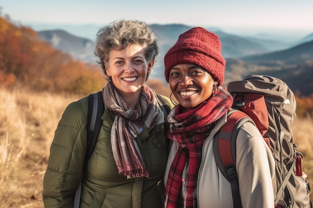 Pareja lesbiana interracial activa de mediana edad haciendo senderismo al aire libre IA generativa