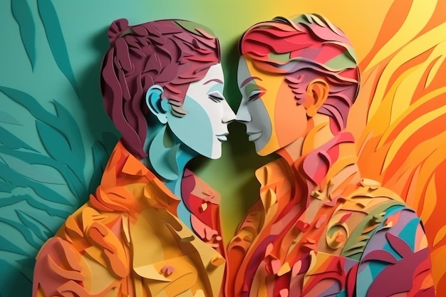 Pareja de lesbianas abrazándose mutuamente ilustración en estilo de arte en papel para el mes del orgullo AI generativa