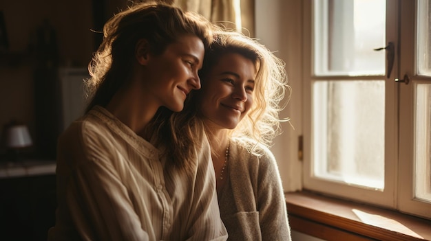 Pareja de lesbianas abrazo en la habitación acogedora