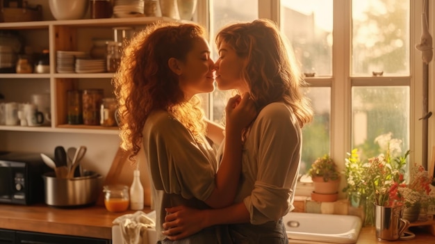 Pareja de lesbianas besándose en la cocina