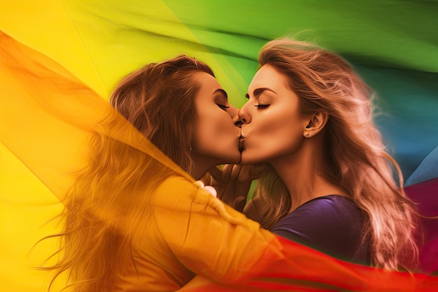 Pareja de lesbianas besándose en el fondo de la bandera LGBT Día del orgullo Generado por AI