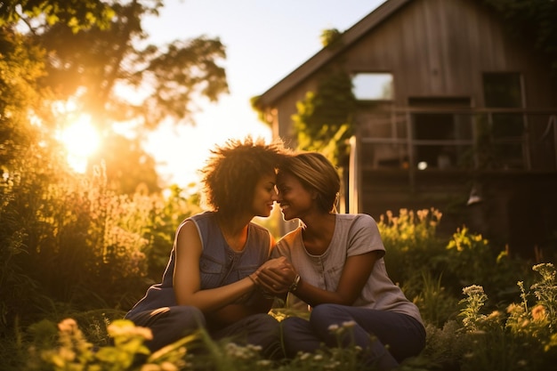 Pareja de lesbianas birraciales sentadas y abrazándose en el jardín al atardecer