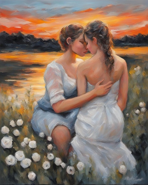 Una pareja de lesbianas enamoradas besándose con pasión pintura digital blanca e índigo pinceladas profundas