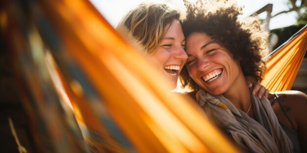 Una pareja de lesbianas felices en una hamaca, chicas relajadas en la naturaleza, riendo de felicidad, IA generativa.