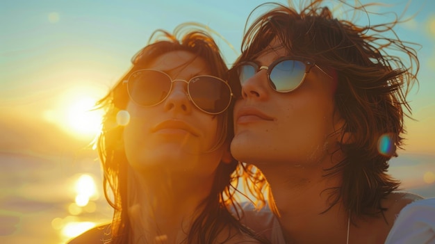 Una pareja de lesbianas jóvenes y despreocupadas con gafas de sol Generative Ai