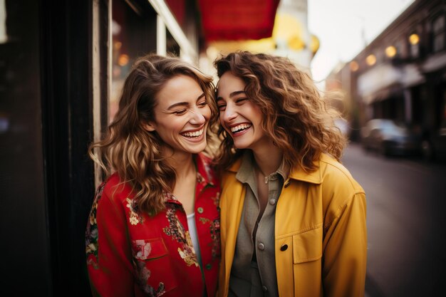 Pareja de lesbianas jóvenes o amigas pasando el rato al aire libre IA generativa