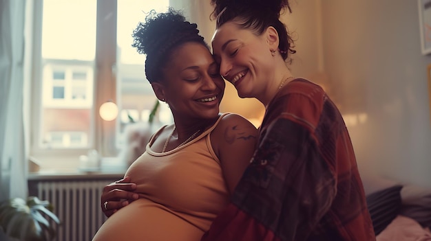Una pareja de lesbianas multiétnicas embarazadas muestra afecto.