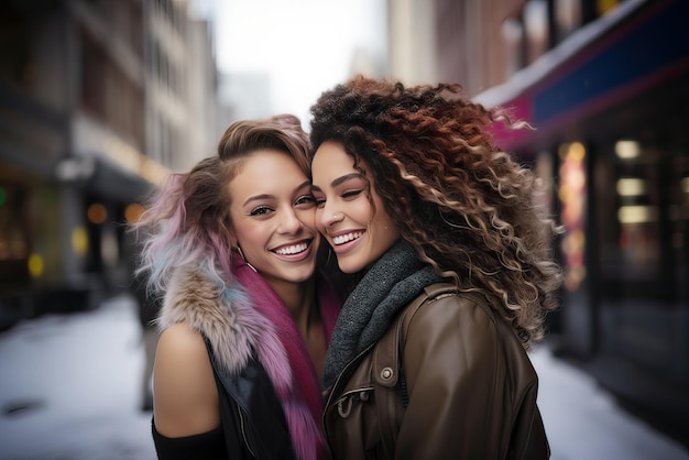 Una pareja de lesbianas multirraciales sonriendo al aire libre en un día nevado Lgbtq o concepto de amor queer IA generativa