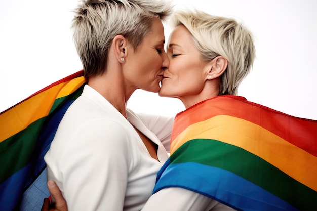 Una pareja de lesbianas rubias se besa apasionadamente envueltas en la bandera del orgullo Retrato de estudio sobre fondo blanco