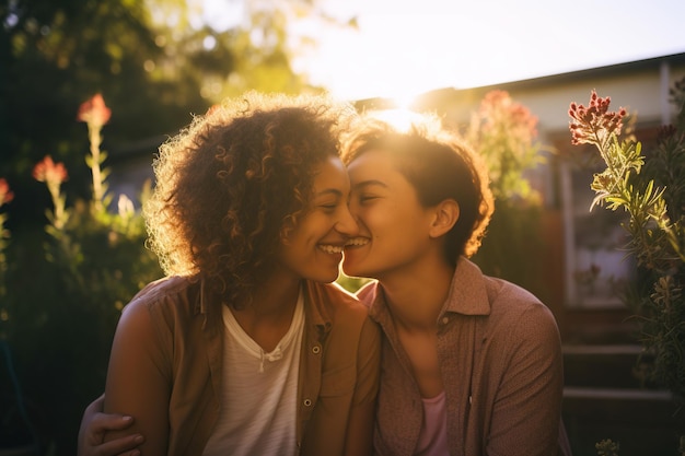 Pareja de lesbianas sentada y abrazándose al atardecer