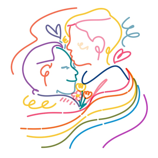 Una pareja LGBTQ besándose es una ilustración de matrimonio gay en un fondo transparente.