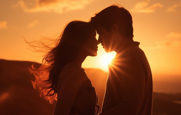 Foto una pareja linda besándose al atardecer día de san valentín o concepto de aniversario