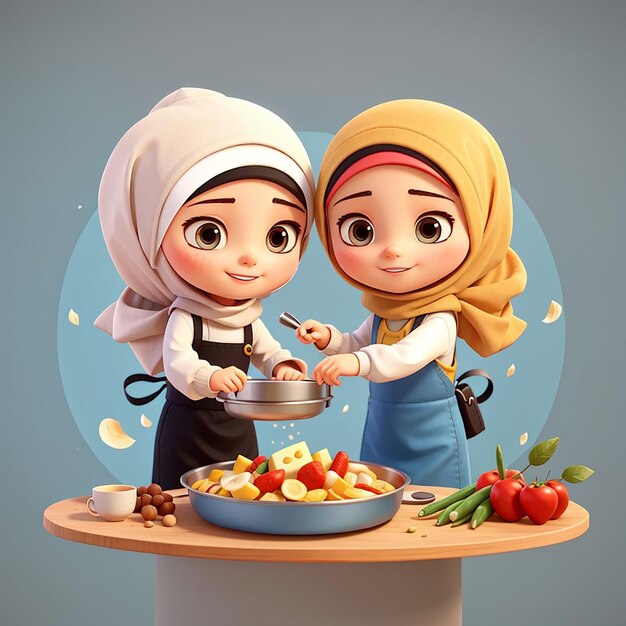 Pareja linda chico y chica hijab cocinando juntos dibujos animados icono vectorial ilustración gente comida plana