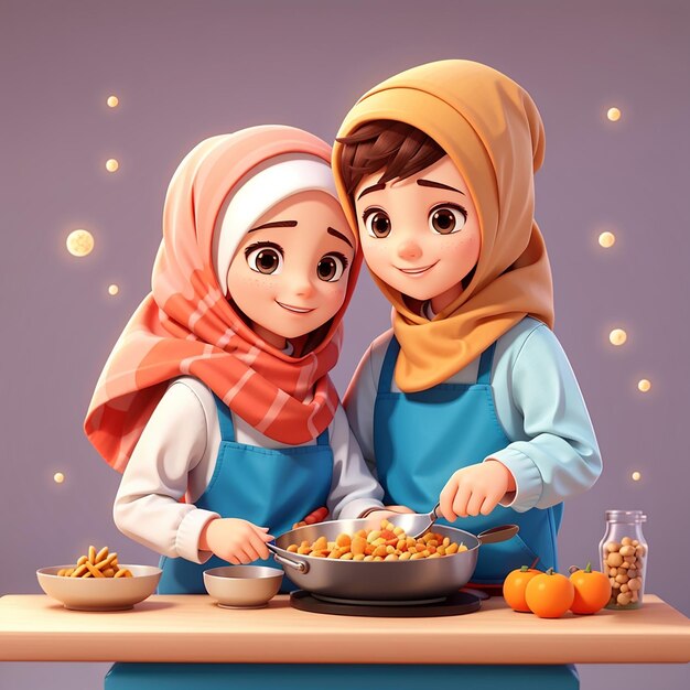 Pareja linda chico y chica hijab cocinando juntos dibujos animados icono vectorial ilustración gente comida plana