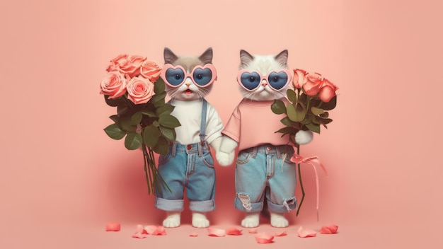 Una pareja linda y divertida sostiene un gato con un ramo de rosas en el concepto del día de San Valentín