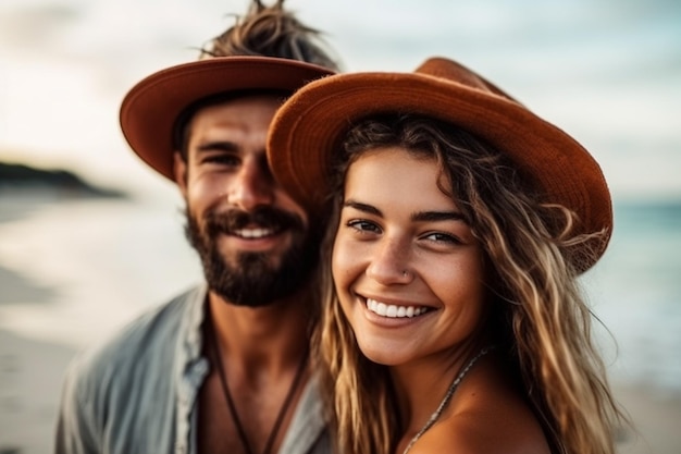 un, pareja, llevando, sombreros, en, un, playa