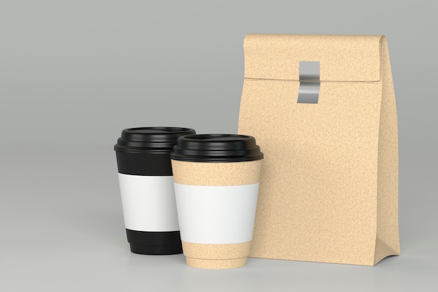 Pareja para llevar taza de café y bolsa de bocadillos 3d render