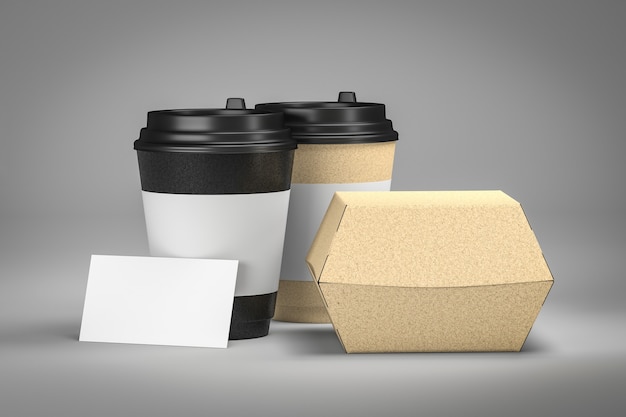 Foto pareja para llevar la taza de café y la caja de hamburguesas de aperitivos 3d render