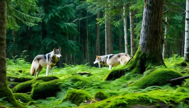 Una pareja de lobos en el bosque.