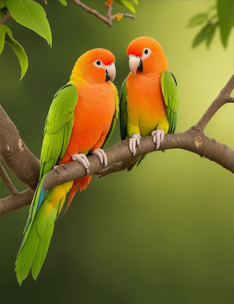 Pareja de loros agapornis en imagen de rama de árbol generada con IA