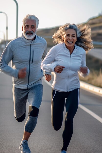 Foto una pareja madura activa abrazando a traincore