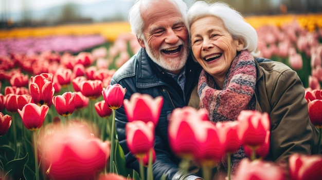 Una pareja madura y alegre en el campo de flores de tulipán rojo de primavera compartiendo un momento