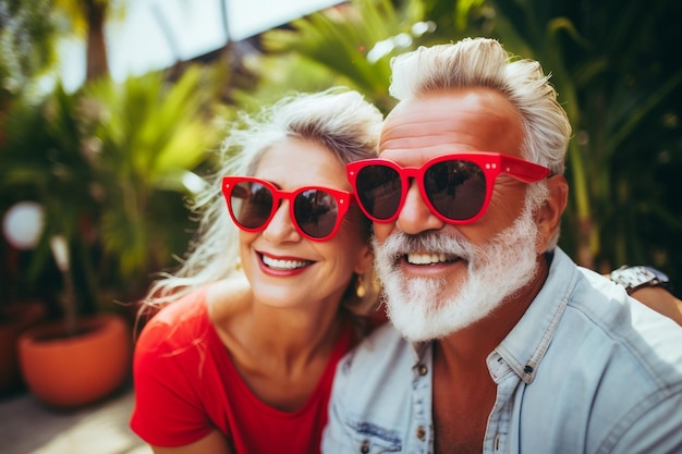 Pareja madura alegre con gafas de sol y deleitándose en el momento Ai generativo