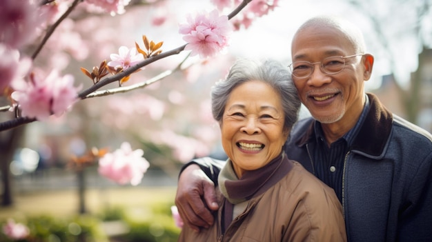 Una pareja madura y alegre rodeada de flores rosadas de primavera compartiendo un momento.