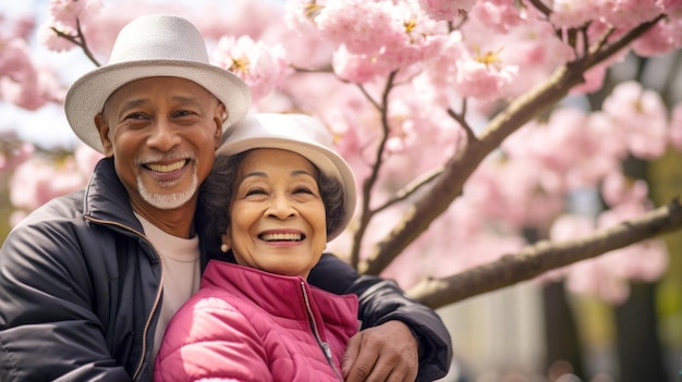 Una pareja madura y alegre rodeada de flores rosadas de primavera compartiendo un momento.