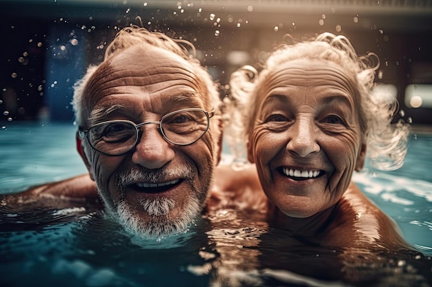 Una pareja madura disfruta de un refrescante chapuzón en la piscina en un caluroso día de verano disfrutando juntos de su tiempo libre IA generativa