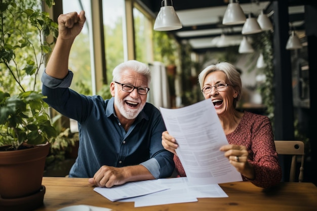 Una pareja madura emocionada celebrando el éxito financiero leyendo buenas noticias en documentos