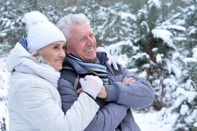 Pareja madura felices juntos posando al aire libre en invierno