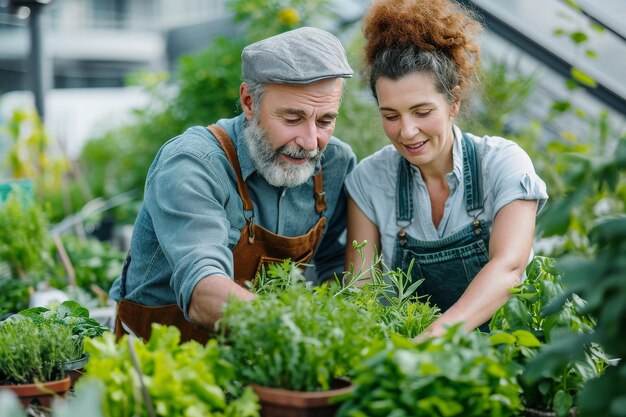 Una pareja madura en el jardín del techo.