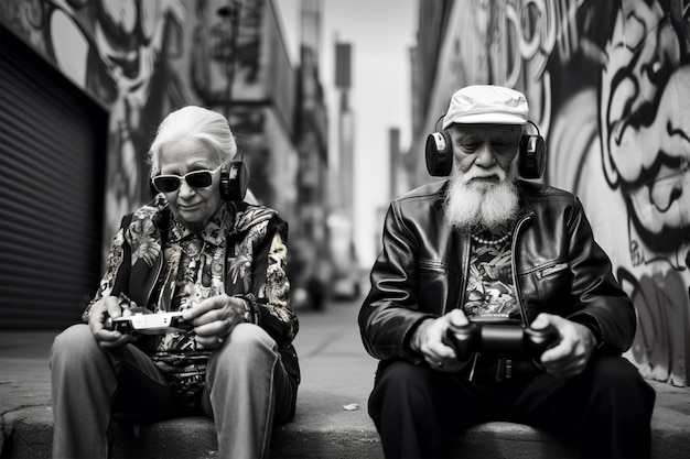 Pareja madura jugando videojuegos en la calle de la ciudad foto en blanco y negro