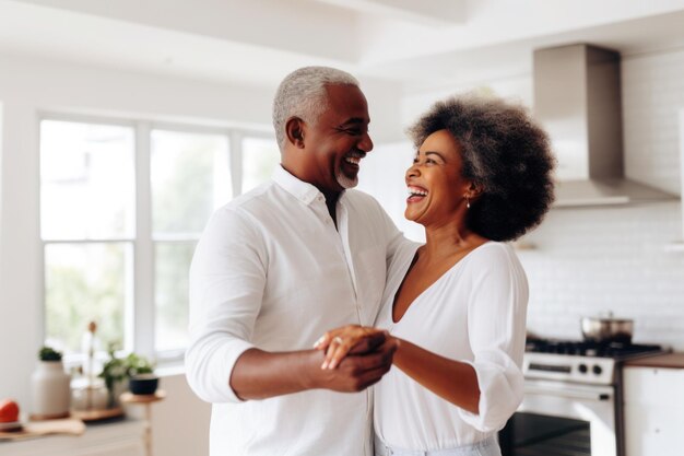 Una pareja madura de mediana edad casada multirracial africana bailando en la cocina