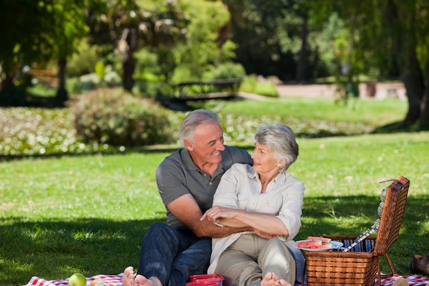 Pareja madura de picnic en el jardín