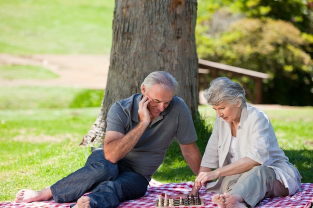 Pareja madura de picnic en el jardín