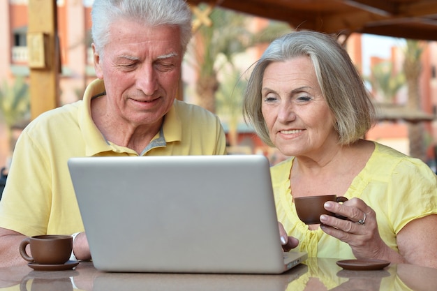 Pareja madura, sentado, con, computador portatil, en, hotel, con, té